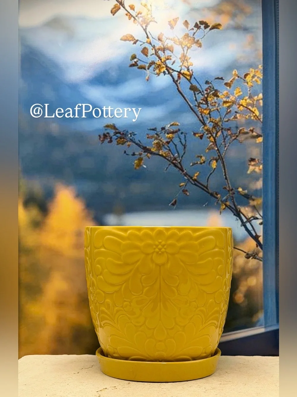 Yellow Floral Ceramic Planter Pot with Saucer Attached 8 Inch Flower Pot